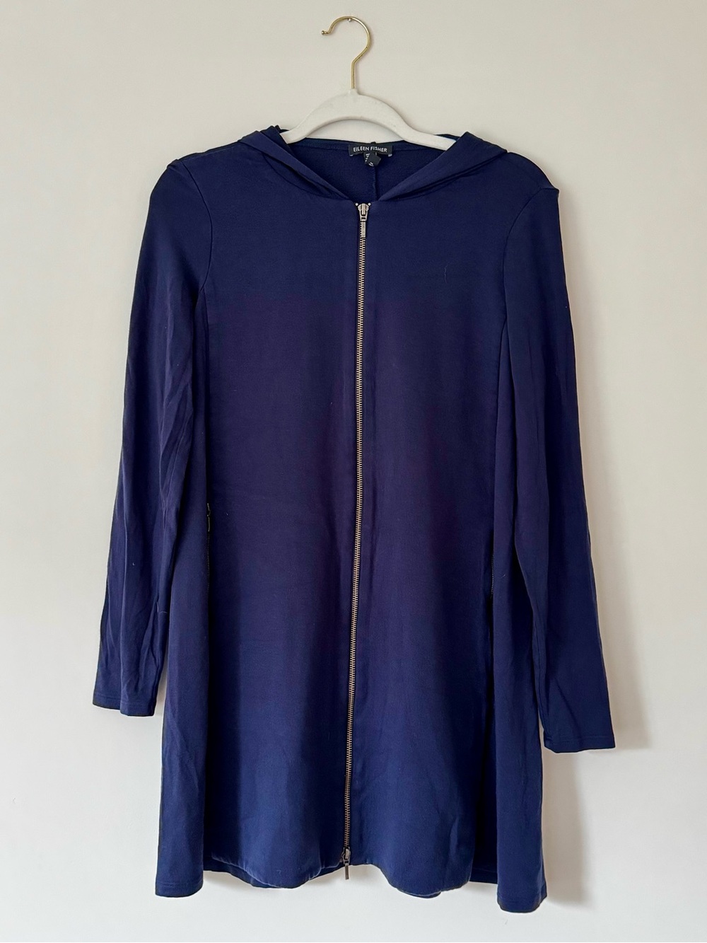 Eileen Fisher Hooded Full Zip Jersey Tunic Jacket, Navy Blue – Size XS